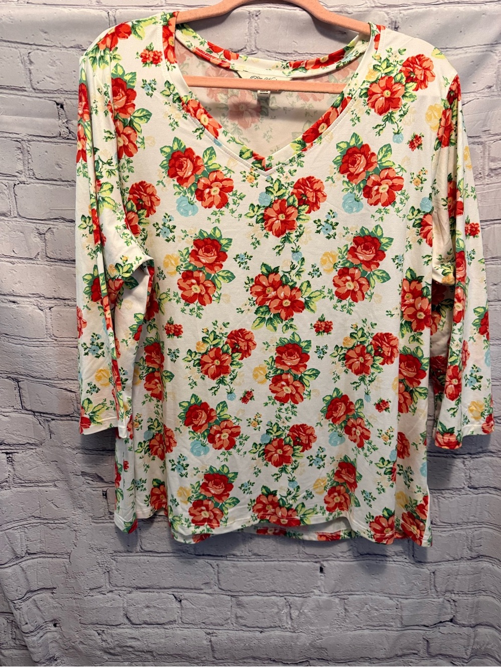 Women’s Floral V-Neck Long Sleeve Top - White with Red Floral Print